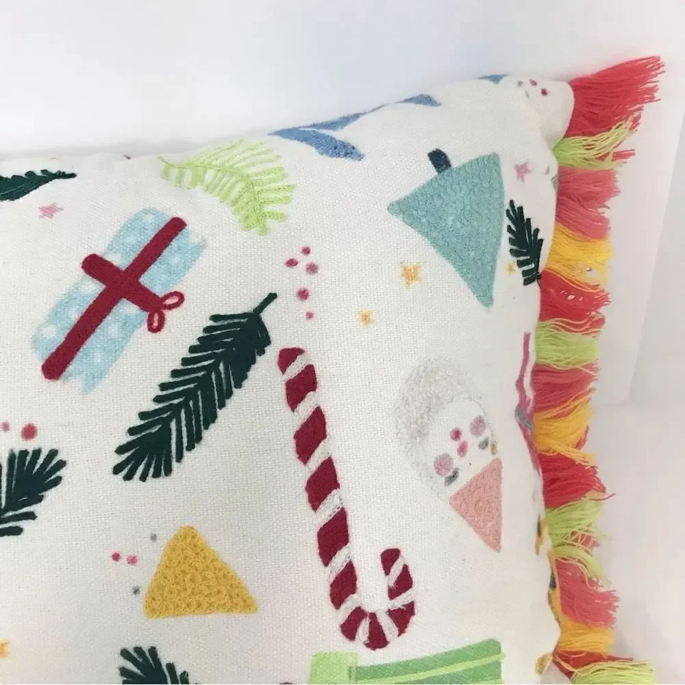 Joann Colorful Tassel Holiday Themed Embroidered Christmas Accent Pillow